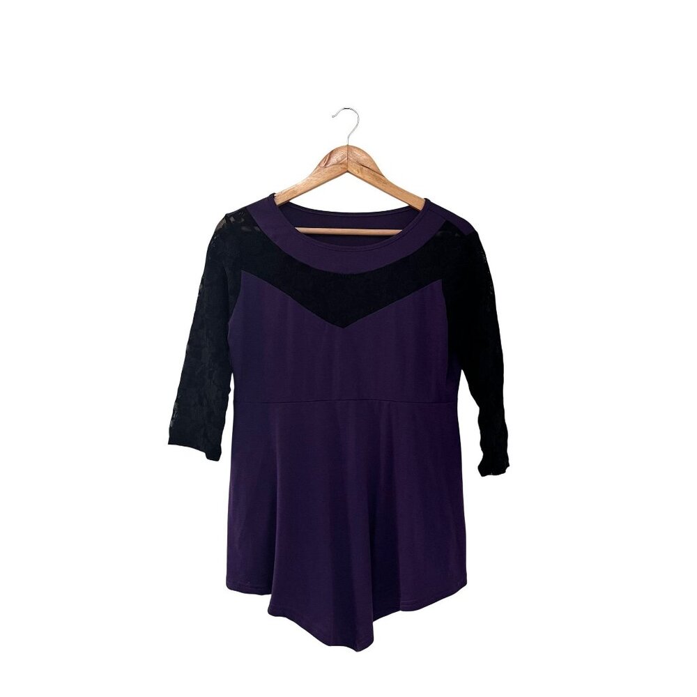 Purple Tunic Top With Black Lace 3/4 Sleeves & Flared Hem Size 1X